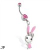 Belly ring with dangling jeweled pink bunny