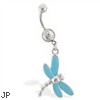 Belly ring with dangling lt blue dragonfly