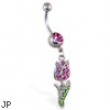 Belly Ring with Dangling Pink Rose