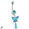Belly Ring with Dangling Teardrop Gems and Butterfly