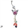 Belly ring with multi-color rose butterfly dangle