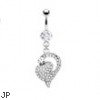 Belly ring with Multi Gem Paved Heart to Heart Dangle