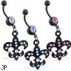 Black coated belly ring with dangling jeweled fleur-de-lis