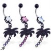 Black coated belly ring with dangling jeweled palm tree