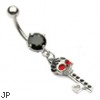 Black jeweled belly ring with dangling skull key