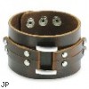 Brown Leather Wide Center Link Buckle Bracelet with Adjustable Snap Closure