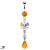 Citrine colored jeweled belly ring with dangling multi-color flower and citrine stone