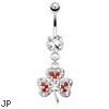 Clover Leaf with Red And Clear Paved Gems Dangle Surgical Steel Navel Ring