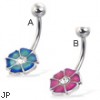 Colored 6-petal flower belly button ring with gem