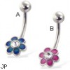 Colored flower belly button ring with five round petals and gem