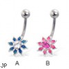 Colored flower navel ring with diamond-shaped petals and gem