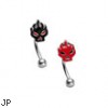 Curved barbell with flame skull top, 16 ga