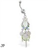Dangling chandelier belly ring with green stones and chains