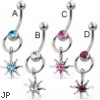 Door knocker belly button ring with dangling jeweled sun