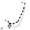 Double black jeweled straight barbells with dangling cross and connecting chains, 16 ga