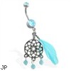 Double jeweled aqua belly ring with dangling dream catcher and feather