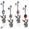 Double jeweled belly button ring with dangling jeweled playboy bunny