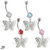 Double jewelry belly ring with dangling butterfly