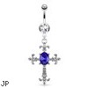 Fleur De Lis Cross with Centered Oval Blue Gem Dangle Surgical Steel Navel Ring