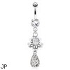Flower with Solitaire CZ And Paved Gemmed Tear Drop Mini Dangle Surgical Steel Navel Ring