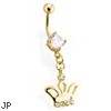 Gold Tone Belly Ring with Dangling Crown