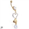 Gold Tone belly ring with dangling hearts and gem