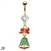 Gold Tone Christmas Belly Button Ring with Dangling Bow And Bell