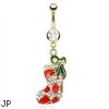 Gold Tone Christmas Belly Button Ring with Dangling Stocking