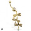 Gold Tone jeweled belly ring with triple dragonfly dangle
