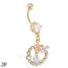Gold Tone jeweled navel ring with dangling jeweled flower circle