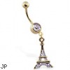 Gold Tone navel ring with dangling Eiffel towel