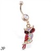 Gold Tone navel ring with dangling red velvet multi-jeweled owl