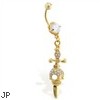 Gold Tone Navel Ring with Dangling Skull And Sword