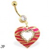 Gold Tone navel ring with large dangling jeweled striped heart