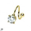Gold Tone Twister Barbell With CZ Gem, 16 Ga