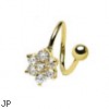 Gold Tone twister barbell with jeweled flower, 16 ga