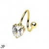 Gold Tone twister barbell with jeweled heart, 16 ga