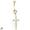 Gold Toned Navel Ring, Dangle Cross with Clear Gems, 14 Ga