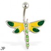 Green and yellow dragonfly belly ring