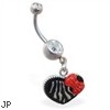Heart dangle belly ring with zebra print and bow
