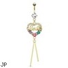 Heart Paved Gems with Multi Colored Gems And Word "Love" Dangle Gold Tone Navel Ring
