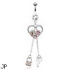 Heart with Multi Color Paved Gems And Chain Lock And Key Dangle Surgical Steel Navel Ring