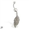 Hematite plated jeweled belly ring with dangling jeweled leaf