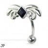 Hinged reversed belly button ring with black square gem and scrolls