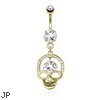 Hollowed Skull with Gem Paved Cranium Edge And Hanging Large CZ Dangle Gold Tone Navel Ring