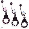 Jeweled belly button ring with dangling black coated jeweled handcuff