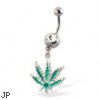 Jeweled belly button ring with dangling cannabis leaf
