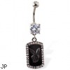 Jeweled belly button ring with dangling jeweled dog tag with Playboy bunny head