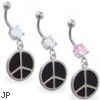 Jeweled belly button ring with dangling peace sign