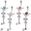 Jeweled belly button ring with flower and dangling charm